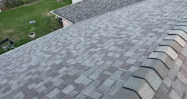 Hip ridge of a January 2025 roof replacement in Oak Forest, Houston