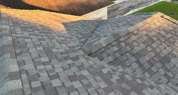 Front slope of a replaced charcoal shingle roof in northwest Houston