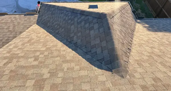 Steep front gable with fresh shingles in League City, TX