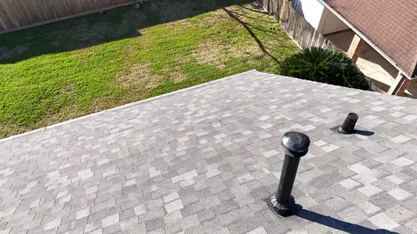 Hip ridge of a January 2025 roof replacement in Kingwood