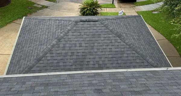 Hip ridge of an August 2024 roof replacement in League City