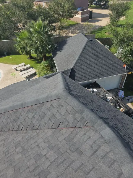 Hip ridge of an October 2024 roof replacement in League City