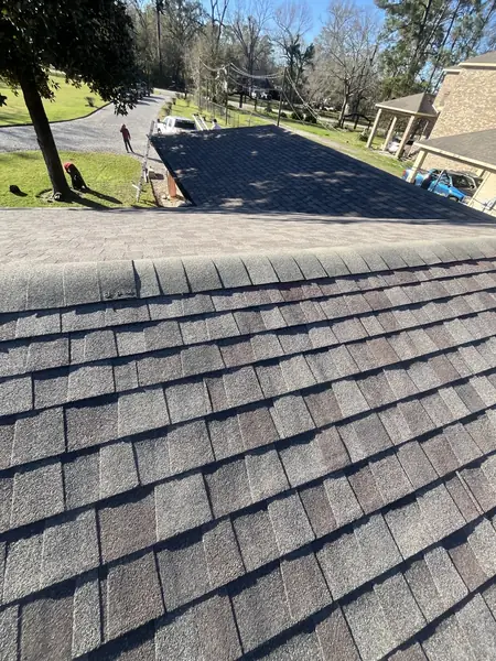 Hip ridge of a February 2025 roof replacement in Houston