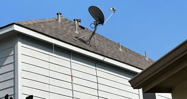Garage gable with repaired siding and new roof in Houston