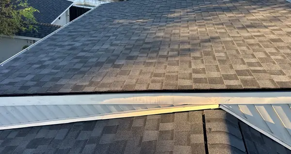 Hip ridge of a February 2026 roof replacement in Mission Bend, Houston