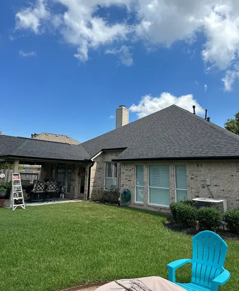 Hip ridge of a January 2025 roof replacement in League City