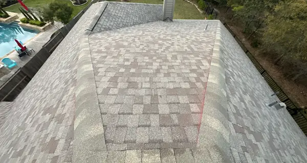 Ridge line of the completed roof above the back yard, Cypress 77433