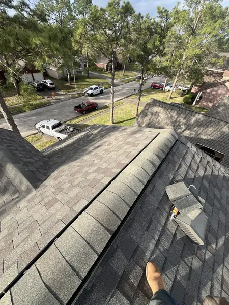 Hip ridge of a March 2025 roof replacement in Clear Lake
