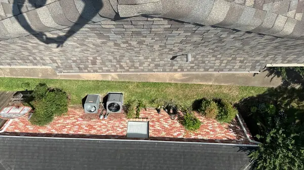 Top-down view of the new drip edge over the back patio