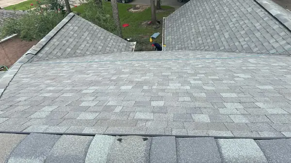 Hip ridge of a May 2025 roof replacement in northwest Houston