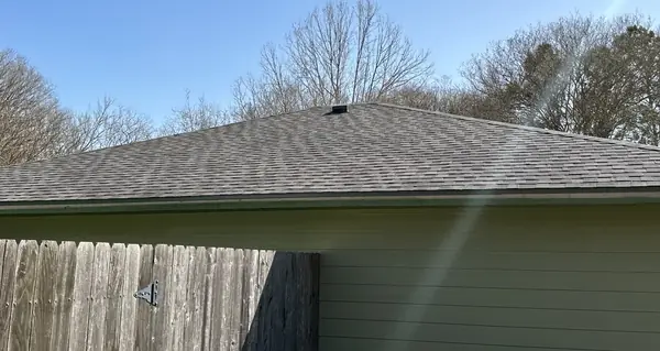 Hip ridge of a July 2025 roof replacement in Pearland