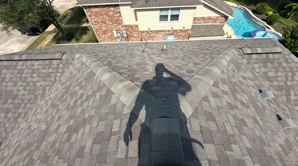 Brick chimney re-flashed on a new Pearland roof