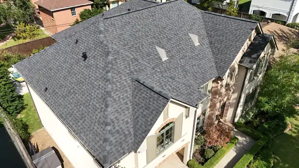 Hip ridge of a November 2024 roof replacement in Bellaire