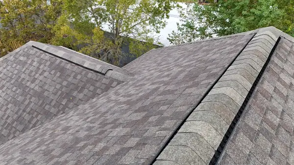 Hip ridge of a February 2025 storm restoration roof in Houston