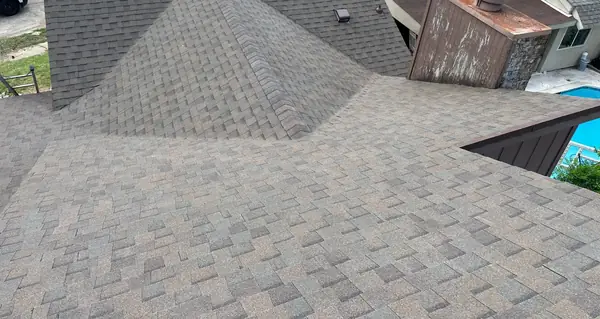 Hip ridge of a January 2025 storm restoration roof in Houston